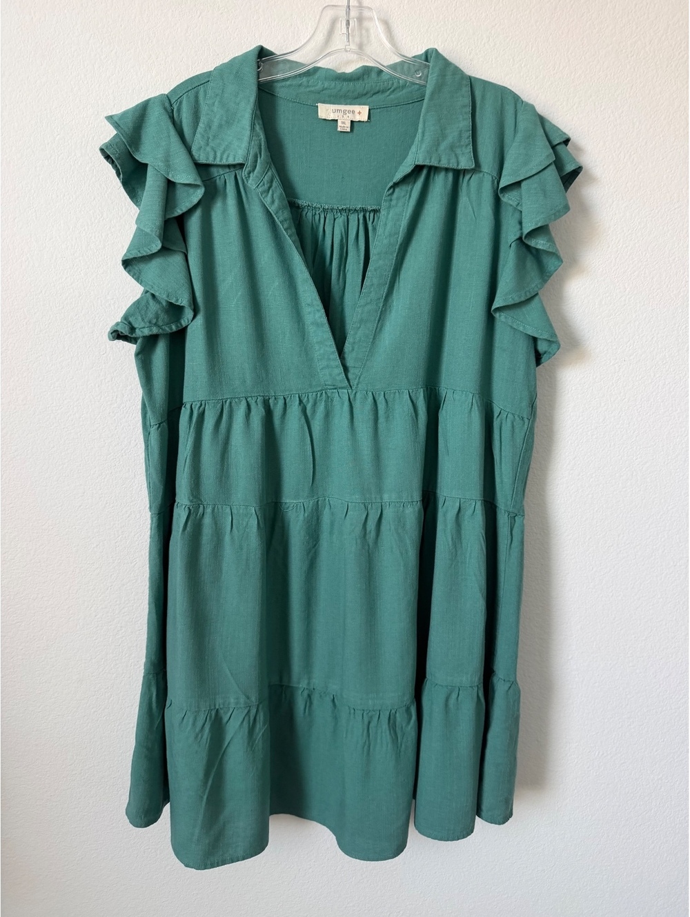 UMGEE Linen Blend Ruffled Short Sleeve Collared VNeck Tiered Mini Dress Size 1XL